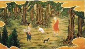 高野山の創設にまつわる伝説、空海と白犬および黒犬との邂逅